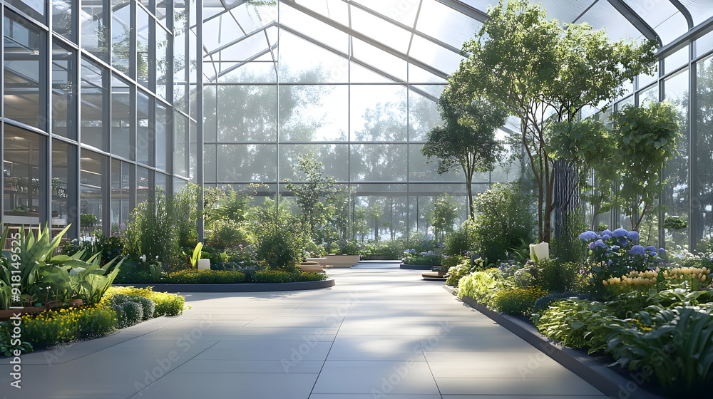Sunny Greenhouse with Lush Greenery and a Stone Path.