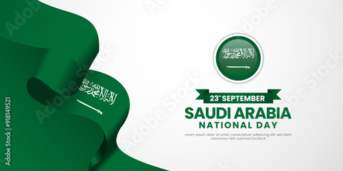 Saudi Arabia 3D waving ribbon flag background design. Template for Saudi independence day