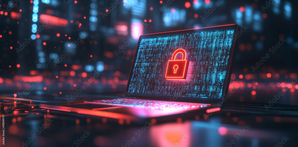 Cyber Security with Red Padlock on Laptop Screen.