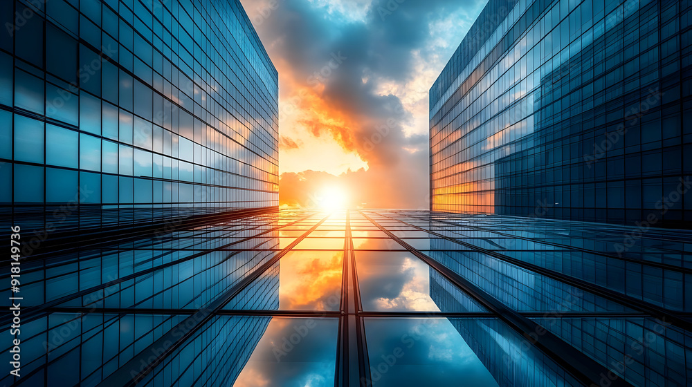 Sunset reflected in modern glass buildings. Sunset reflected in modern glass buildings.