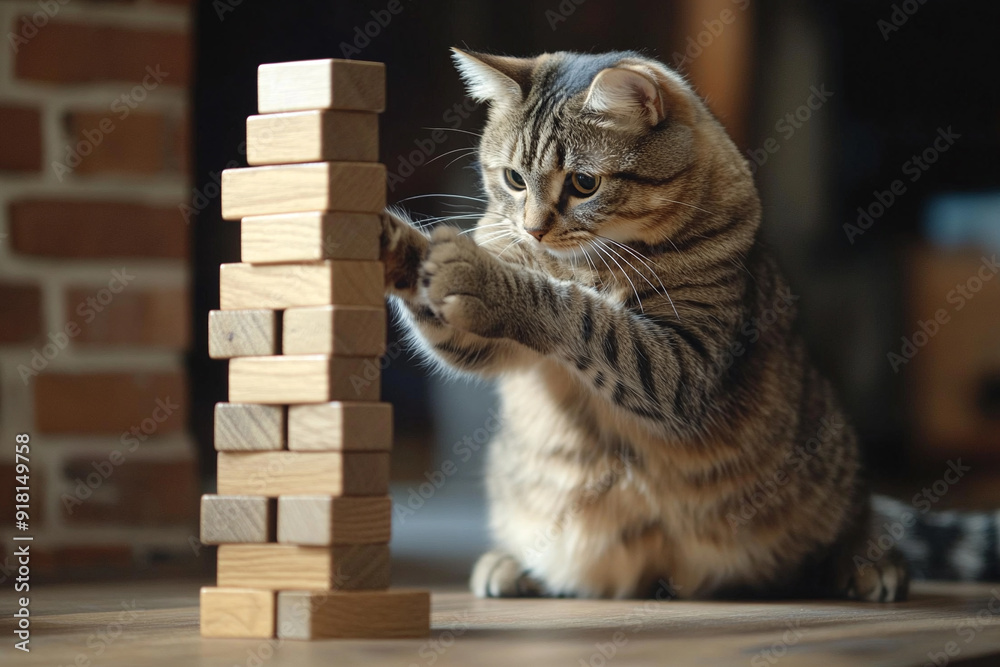 Cute and adorable cat trying to play with wooden cubes Cute and adorable cat trying to play with wooden cubes