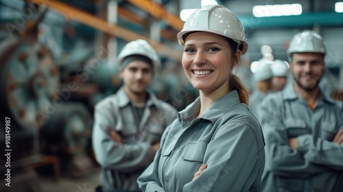 Happy Industrial Workers Smiling and Posing in Factory with Safety Gear