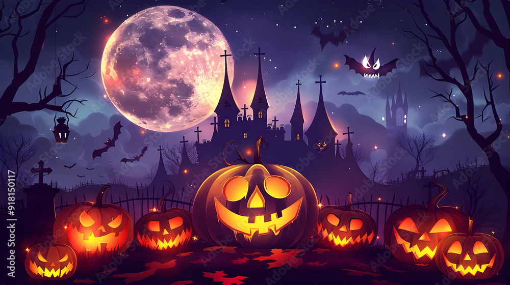 Happy Halloween day with Creepy and scary Glowing pumpkins in the cemetery Happy Halloween day with Creepy and scary Glowing pumpkins in the cemetery