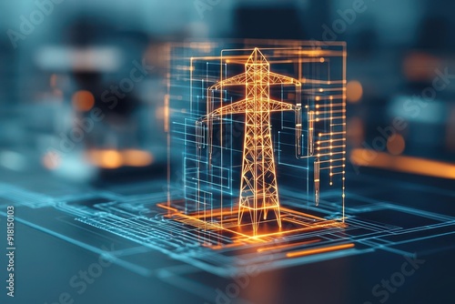 Obraz na płótnie Futuristic digital representation of an electric power grid with 3D holographic elements, showcasing advanced technology in energy systems.