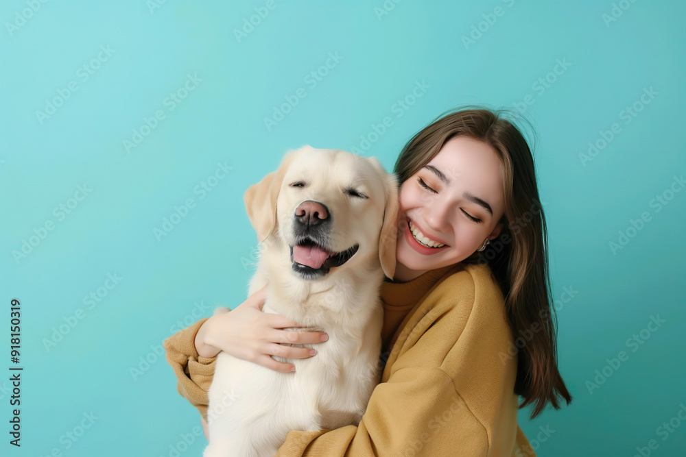 Happy Young Woman Hugging Her Retriever, Casual Style on Pastel Light Blue Background, Pet Care Concept. Generative AI Happy Young Woman Hugging Her Retriever, Casual Style on Pastel Light Blue Background, Pet Care Concept. Generative AI