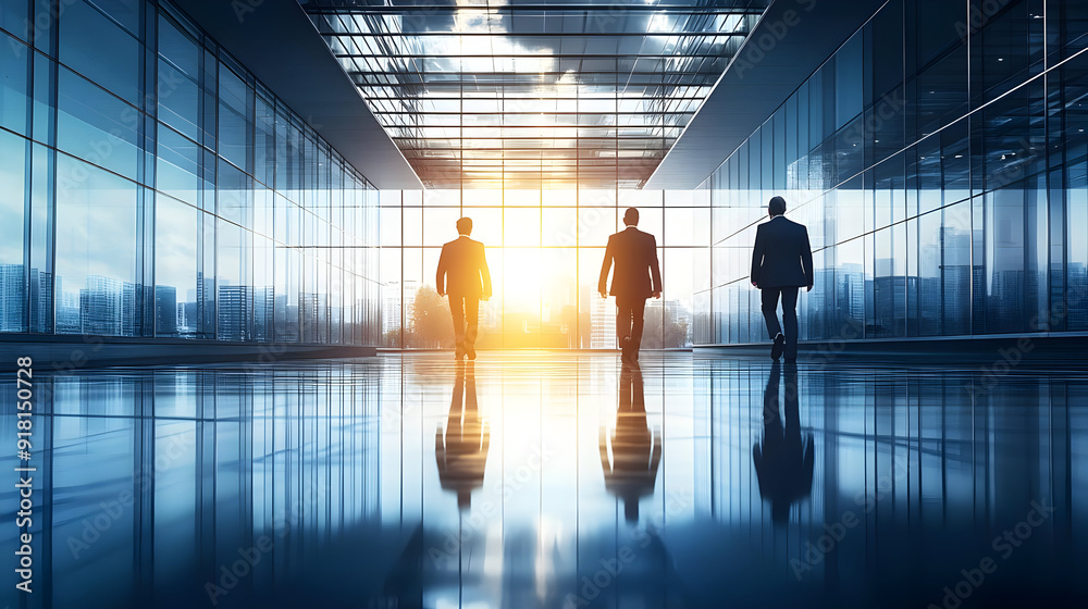 Three businessmen walk towards the sunset in a modern office building. Three businessmen walk towards the sunset in a modern office building.