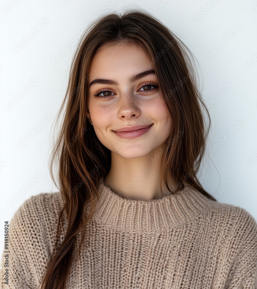 portrait of beautiful young woman with brown hair smiling, wearing casual sweater isolated on white background portrait of beautiful young woman with brown hair smiling, wearing casual sweater isolated on white background