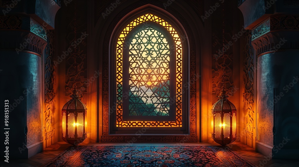 vibrant mosque window illuminated by soft light, symbolizing peace and reflection during the holy month in islamic culture. vibrant mosque window illuminated by soft light, symbolizing peace and reflection during the holy month in islamic culture.