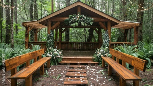 Outdoor wedding ceremony with a backdrop of nature, featuring a serene forest setting with lush greenery 