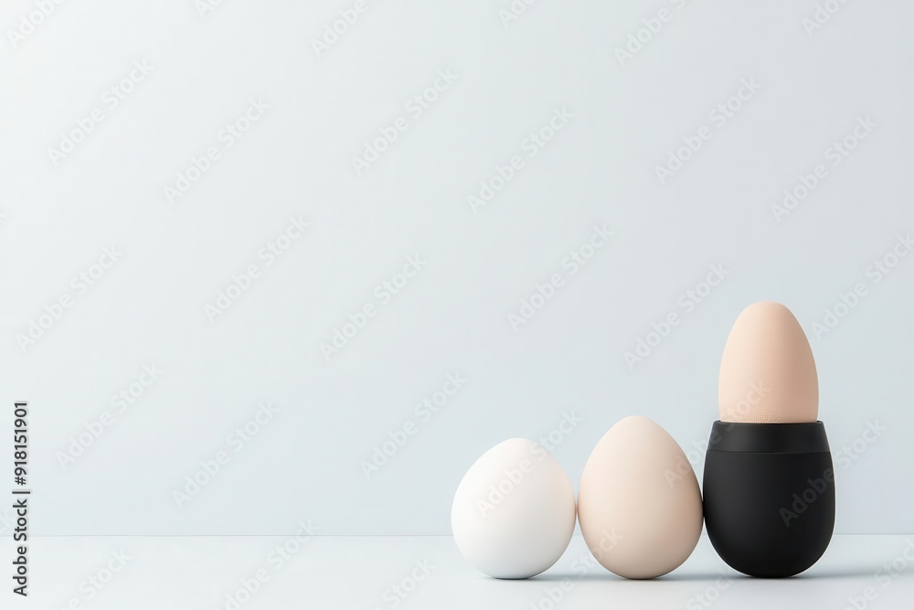 Minimalist arrangement of three eggs on white background, with one egg in a black holder. Concept of simplicity and contrast. Minimalist arrangement of three eggs on white background, with one egg in a black holder. Concept of simplicity and contrast.