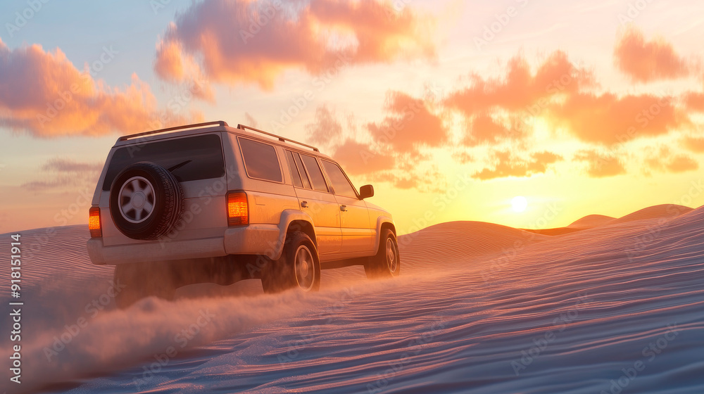 Offroad vehicle bashing through sand dunes in the desert at sunset.