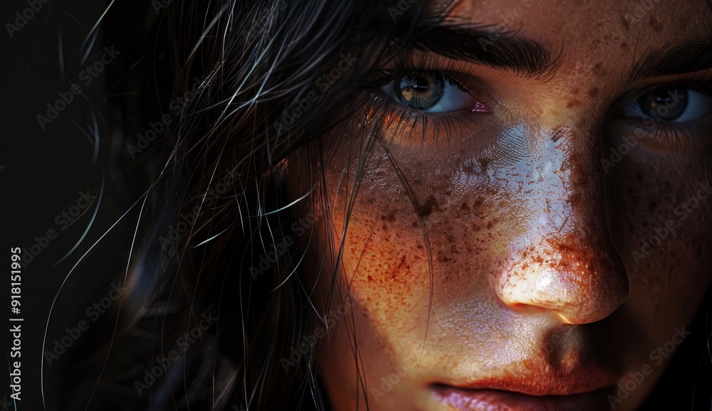 Close-up Portrait of a Young Woman with Freckles and Windblown Hair Close-up Portrait of a Young Woman with Freckles and Windblown Hair