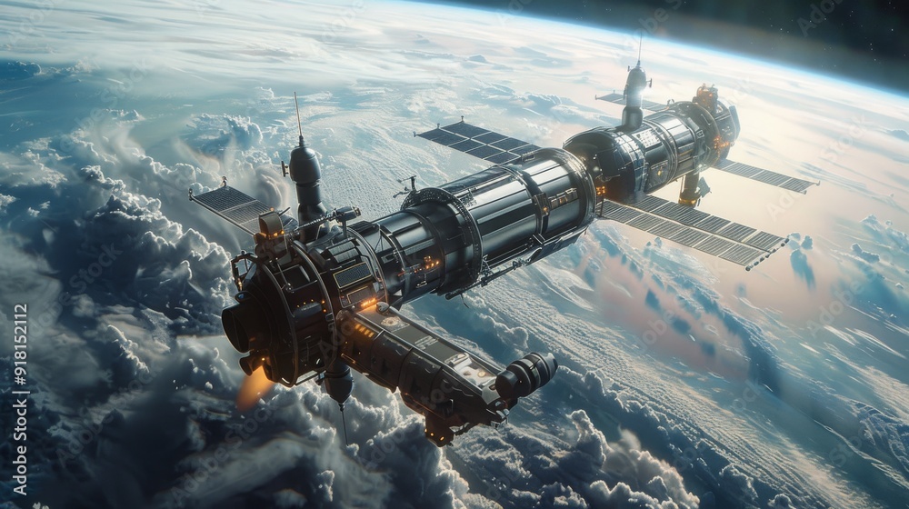 futuristic satellite station equipped with solar panels with the planet and its atmospheric layers visible futuristic satellite station equipped with solar panels with the planet and its atmospheric layers visible