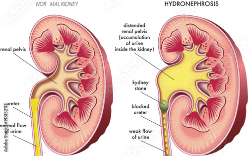 Medical illustration comparing a normal kidney to one affected by hydronephrosis with annotations explaining the symptoms and one possible cause.