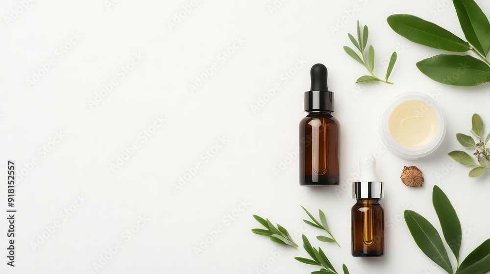 Natural skincare products on a white background with green leaves. Essential oils and creams in glass bottles for organic beauty treatment. Natural skincare products on a white background with green leaves. Essential oils and creams in glass bottles for organic beauty treatment.