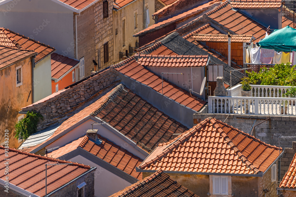 Old town of Trpanj in Croatia, red tile roofs, narrow streets, Peljesac peninsula Old town of Trpanj in Croatia, red tile roofs, narrow streets, Peljesac peninsula