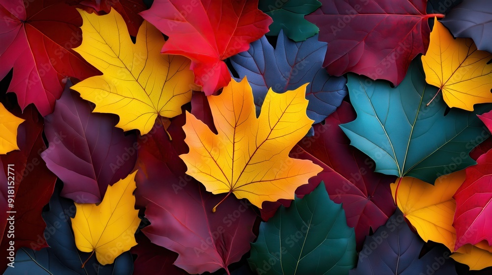Close-up of vibrant autumnal maple leaves in rich hues of red, yellow, purple, and green, showcasing the beauty of fall colors. Close-up of vibrant autumnal maple leaves in rich hues of red, yellow, purple, and green, showcasing the beauty of fall colors.
