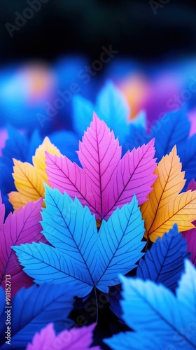 rightly colored autumnal maple leaves in vivid shades of blue, pink, and yellow, creating a striking and vibrant display of fall foliage. Cell phone Background. photo