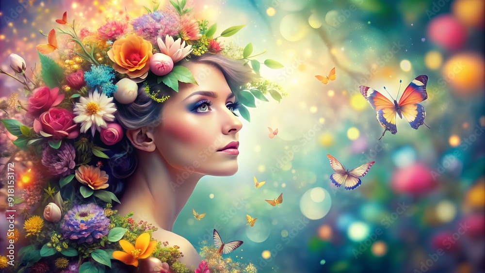 Vibrant, whimsical composition featuring a beautiful woman surrounded by swirling flowers, leaves, and butterflies in soft focus, with pastel-hued bokeh accents. Vibrant, whimsical composition featuring a beautiful woman surrounded by swirling flowers, leaves, and butterflies in soft focus, with pastel-hued bokeh accents.