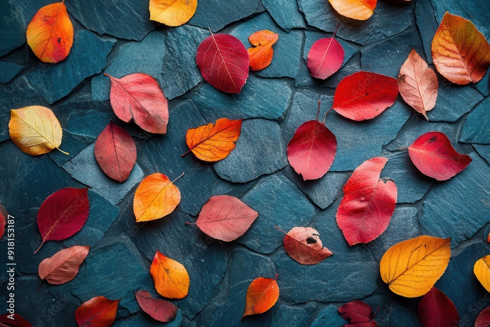 vibrant autumn leaves in rich reds and oranges artfully arranged on weathered blue slate dramatic lighting accentuates textures and creates depth in topdown composition vibrant autumn leaves in rich reds and oranges artfully arranged on weathered blue slate dramatic lighting accentuates textures and creates depth in topdown composition