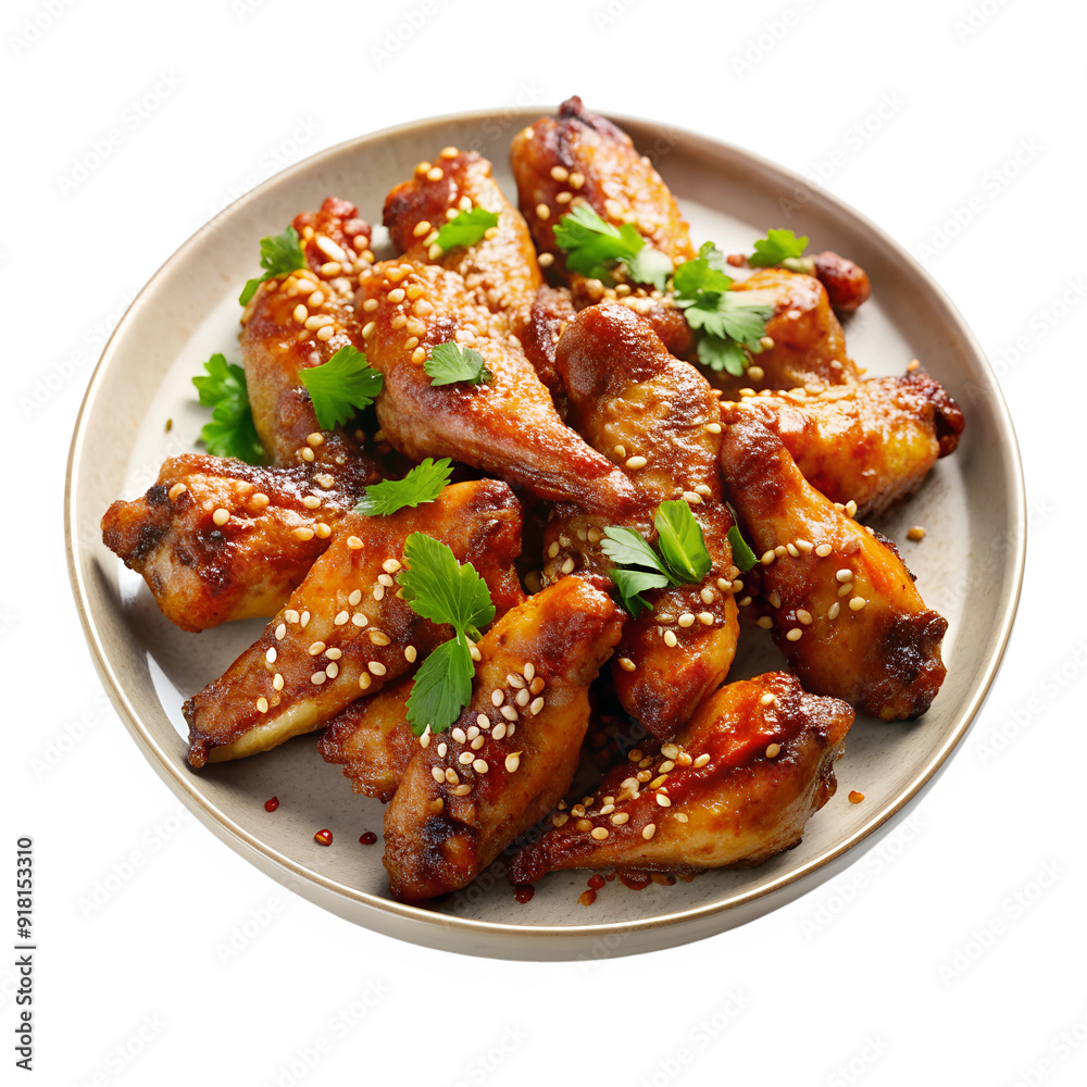 Barbecue Chicken Wings with White Sesame and Various Herbs, Isolated on White Background Barbecue Chicken Wings with White Sesame and Various Herbs, Isolated on White Background