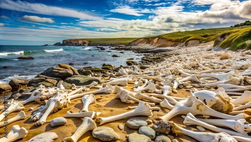 A stark, skeletal landscape on the coast, with bleached bones and eroded rock formations.  AI generated