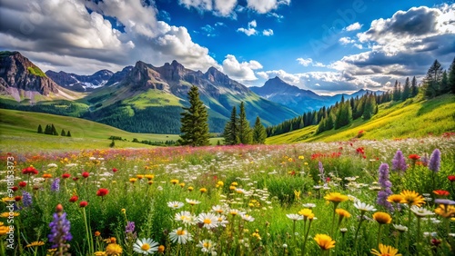 Vibrant wildflowers bloom in a lush green meadow, surrounded by rolling hills and towering mountains under a bright blue sky with fluffy white clouds.