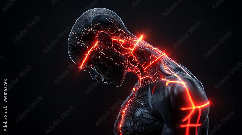 Side view of a human head and neck with glowing red nerves illustrating pain and neural pathways