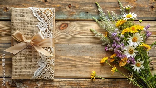 Vintage distressed wooden background with lace, burlap, and twine accents, adorned with wildflowers and a beautifully scripted wedding invitation in a romantic, countryside setting. photo