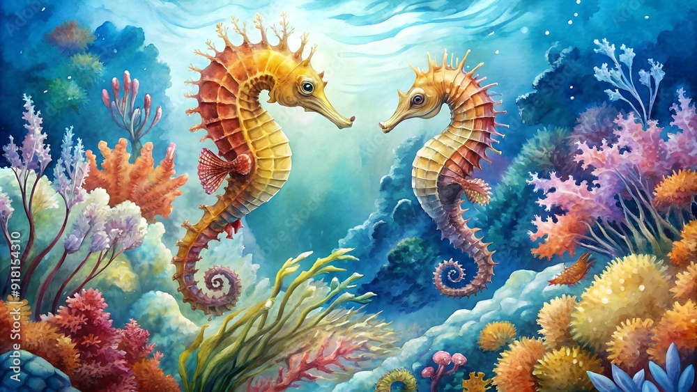 A mesmerizing underwater ballet of seahorses amidst vibrant coral and swirling currents, captured in a delicate bl generative AI A mesmerizing underwater ballet of seahorses amidst vibrant coral and swirling currents, captured in a delicate bl generative AI
