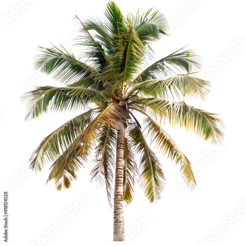 Coconut Palm Tree Isolated on White Transparent Background PNG, Close-Up