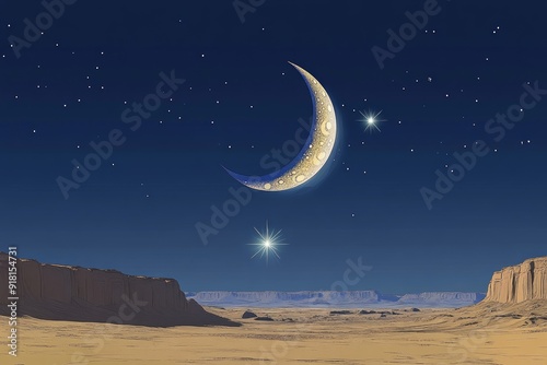 Crescent Moon and Star Desert Night Islam Religion Spiritual Symbol - Generative AI