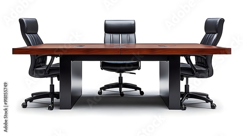 Wooden conference table with black chairs.