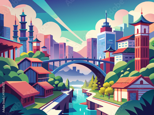 Bridges city landscape anime style