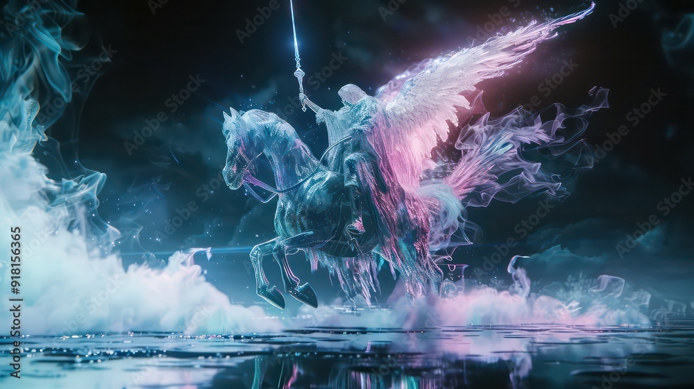 Fototapeta premium A blue and pink horse is flying through a misty sky