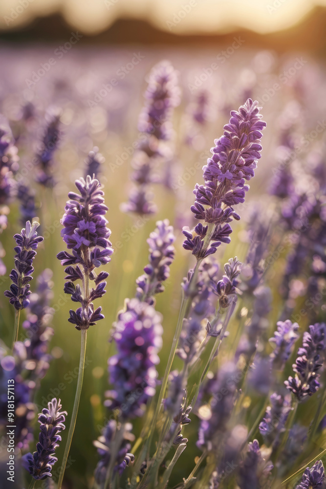 Field of blooming lavender, beautiful sunset light, soft pastel colors, rows of lavender bushes stretching to horizon Field of blooming lavender, beautiful sunset light, soft pastel colors, rows of lavender bushes stretching to horizon