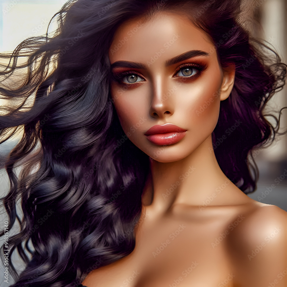 Beautiful woman, wind in long curly black hair, green eyes Beautiful woman, wind in long curly black hair, green eyes