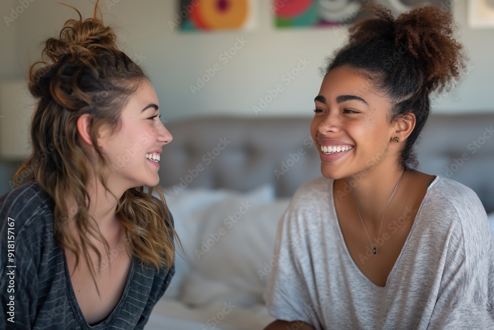 Fototapeta premium Two women sit on a bed, engaged in a lively and joyful conversation.