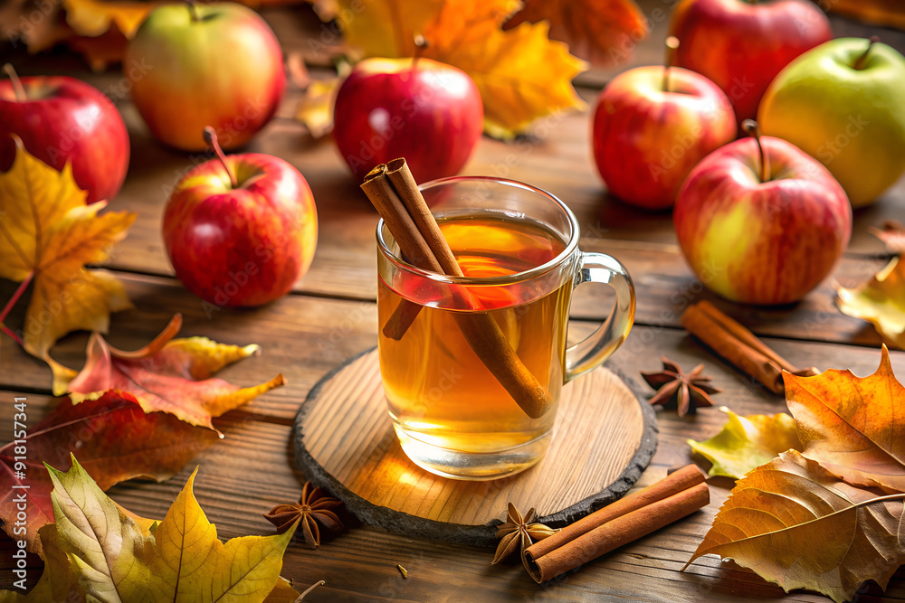 Autumn-themed glass of apple cider with fresh apples and fall leaves Autumn-themed glass of apple cider with fresh apples and fall leaves