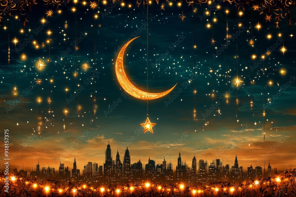 Crescent Moon and Star Urban Twilight Islam Religion Spiritual Symbol - Generative AI Crescent Moon and Star Urban Twilight Islam Religion Spiritual Symbol - Generative AI
