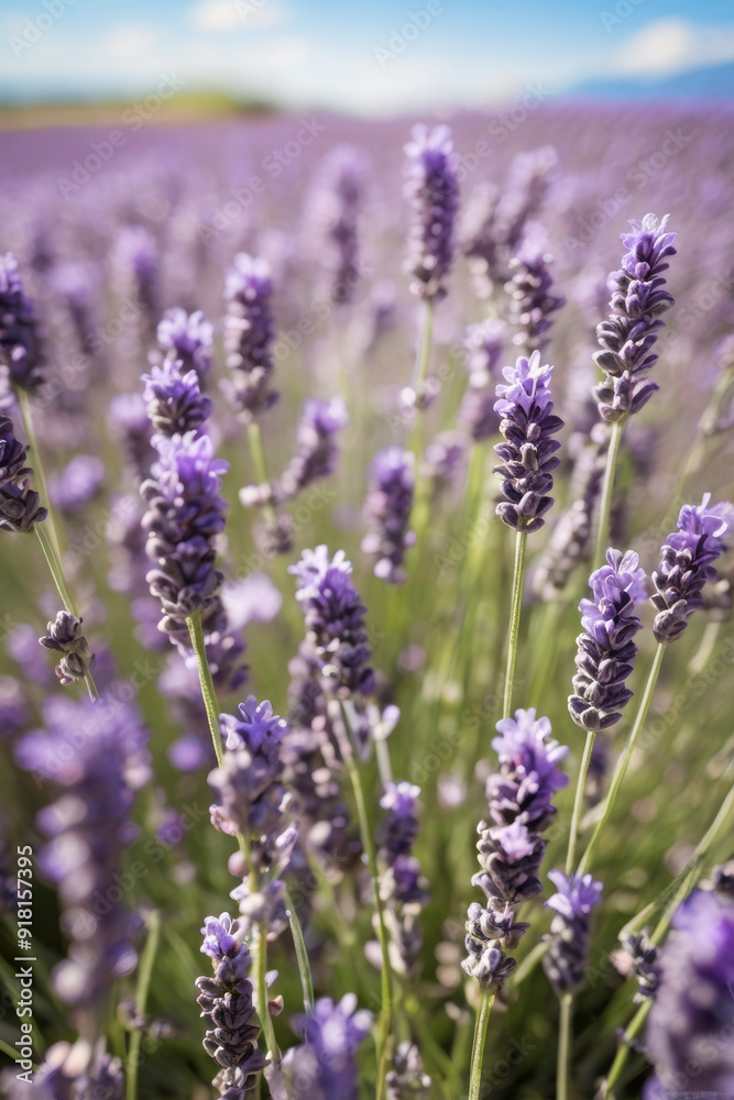 Fototapeta premium Field of blooming lavender, beautiful sunset light, soft pastel colors, rows of lavender bushes stretching to horizon