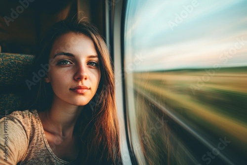 A closeup view of a female traveller with casual attire sitting on a window seat on a moving train, with blurred countryside landscapes passing by. 