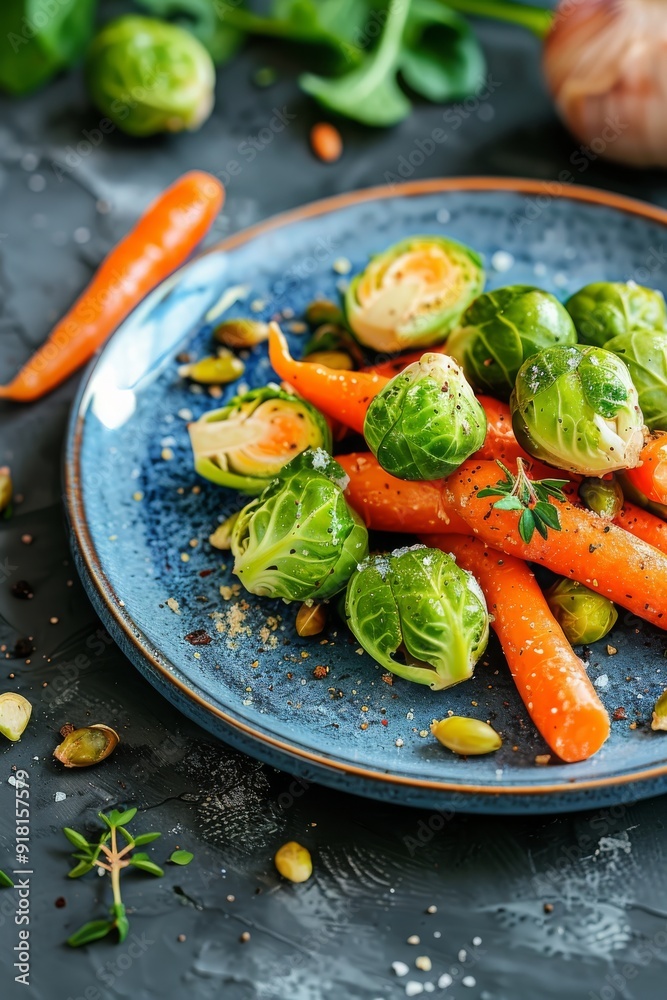 plate of salad with Brussels sprouts and carrots, Generative AI,