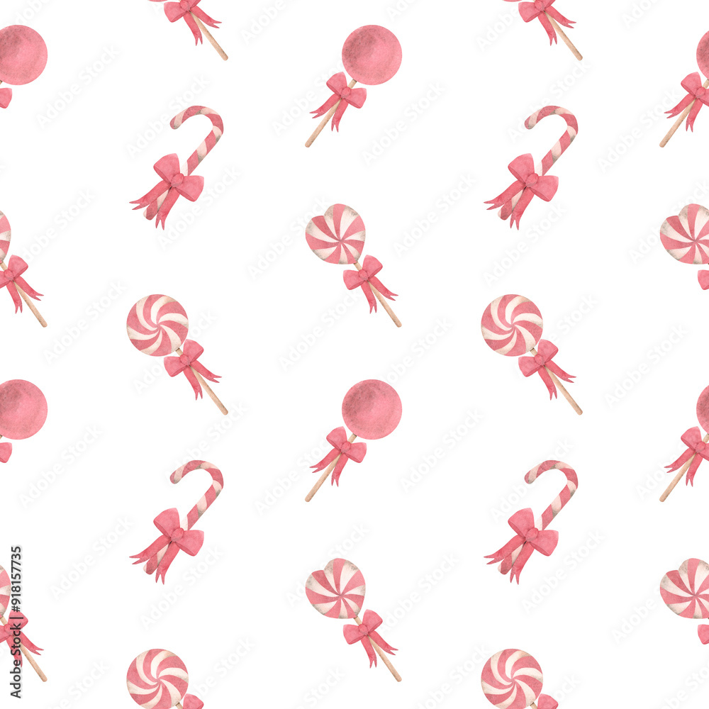 Christmas seamless pattern with striped lollipops and cute red bows. Watercolor illustration on a white background. Food, dessert, treats. Template for wrapping paper, invitations, greetings, textiles Christmas seamless pattern with striped lollipops and cute red bows. Watercolor illustration on a white background. Food, dessert, treats. Template for wrapping paper, invitations, greetings, textiles