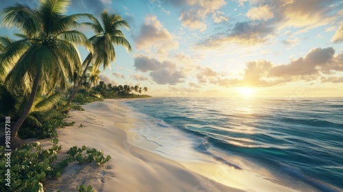 Beautiful tropical beach with turquoise water and palm trees at sunset, caribbean vacation background concept