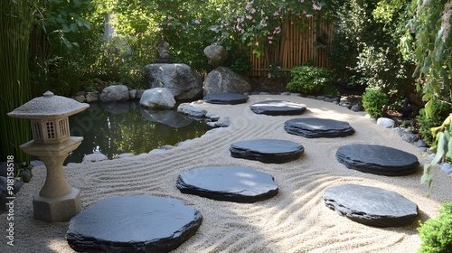 Fototapeta Naklejka Na Ścianę i Meble -  34. A serene Zen garden with carefully raked sand, stone lanterns, and a calm pond