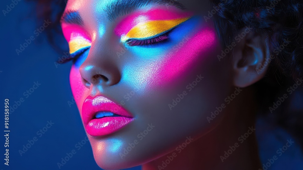 Fototapeta premium Vibrant close-up portrait of a woman with colorful neon makeup, dramatic eyeshadow, and glossy lips against a moody background.
