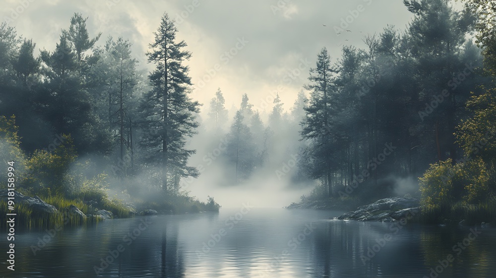 1. A serene forest landscape with misty trees and a calm river 1. A serene forest landscape with misty trees and a calm river
