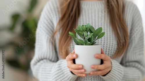 Woman Holding Small Potted Plant Indoors in Cozy Sweater During Daylight