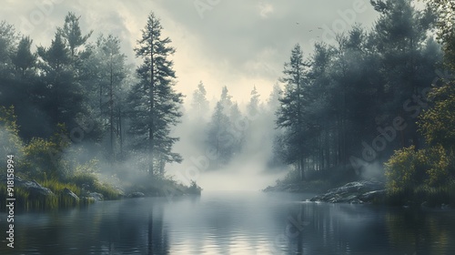 1. A serene forest landscape with misty trees and a calm river